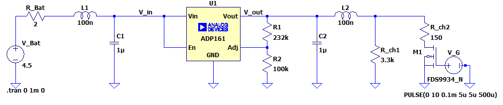 Circuit de simulation du rôle du LDO ADP161 dans la régulation de tension