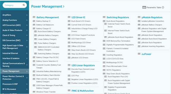 Page Web du constructeur Analog Device qui référence le catalogue des composants dédiés à la gestion de l’énergie. https://www.analog.com, choisir rubrique « Power Management »