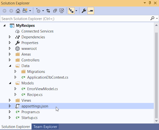 This image shows where to locate the appsettings.json file in the MVC project.