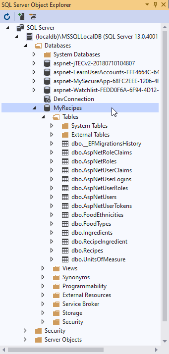This image shows where to find and explore the newly migrated database using the SQLServer Object Explorer window.