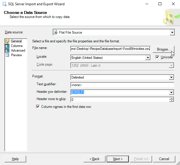 This image shows how to select a data source for the importing of data into the database.
