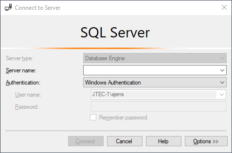 This image shows the connect to server window for SQL Server, which includes the server name and user authentication.