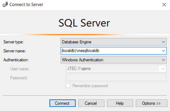 This image shows the connect to server window for SQL Server, which includes the server name and user authentication.
