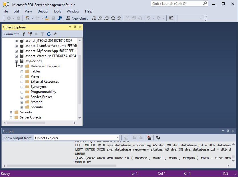 This image shows the MyRecipes database, expanded within the Object Explorer in SSMS.