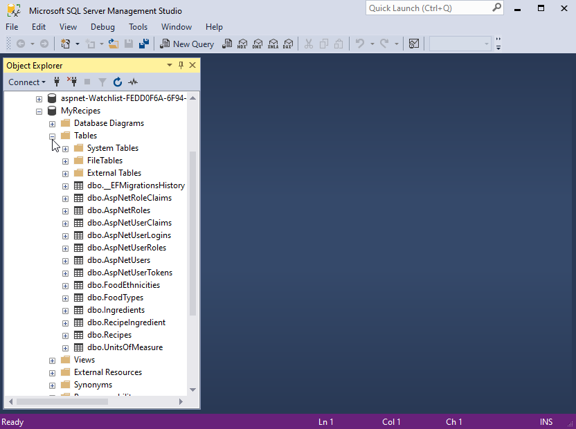 This image shows the tables within the MyRecipes database, expanded within SSMS Object Explorer.