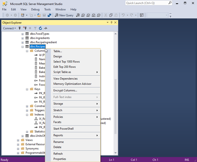 This image shows how to access the many quick functions available in the popup menu in SSMS Object Explorer.