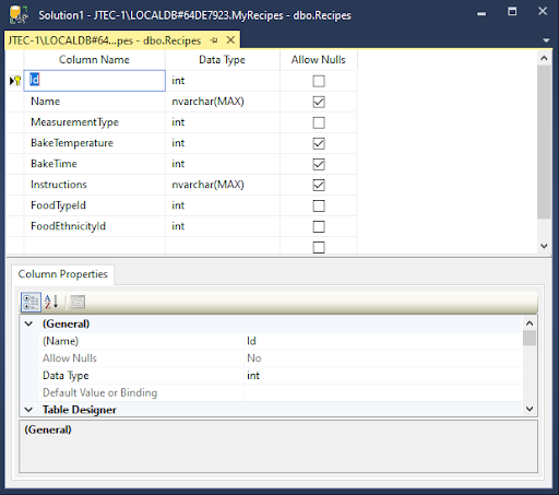 This image shows the table design window, accessed via the Object Explorer popup menu.