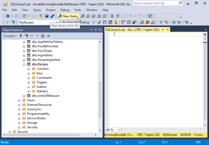 This image shows how to access the SQL query window via the SSMS toolbar.