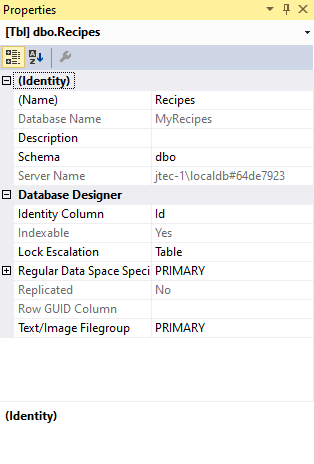 This image shows the table property window that provides a means to edit table properties directly within the database diagram.