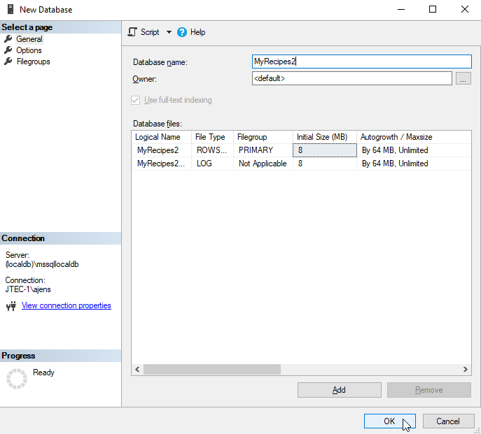 This image shows the New Database window which is used to create a new database on the server within SSMS.