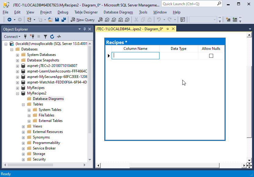 This image shows the new table design window within the SSMS database diagram.