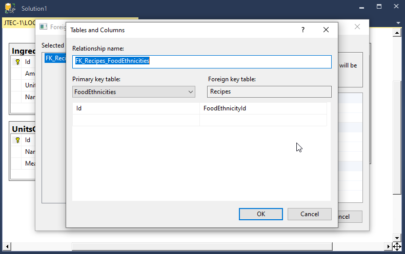 This image shows the Add relationship dialog which is used to select the primary and foreign keys that comprise the relationship.