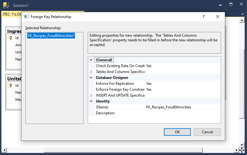 This image shows the Foreign key relationship dialog which summarizes the newly created relationship.