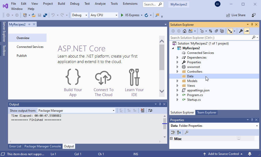 This image shows the new MVC project, MyRecipes2, with its new Data folder, loaded in Visual Studio.