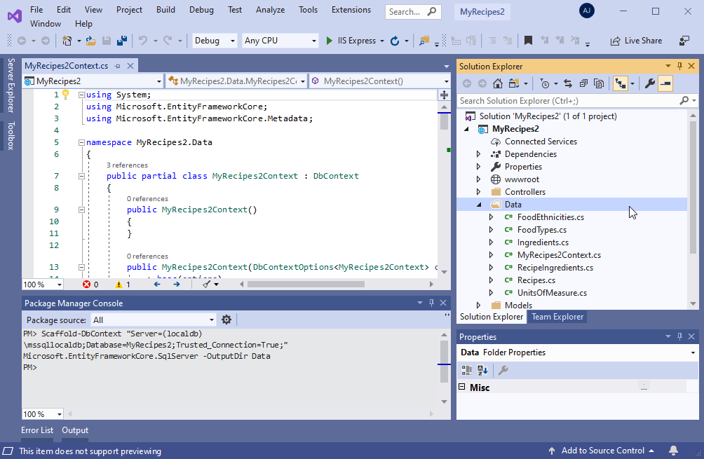 This image shows the newly scaffolded data model that now exists within the Data folder in the MyRecipes2 MVC project.