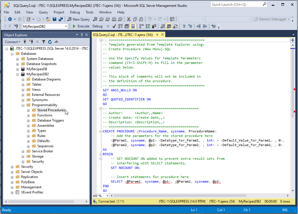This image shows the template code that is generated when a new stored procedure is created.