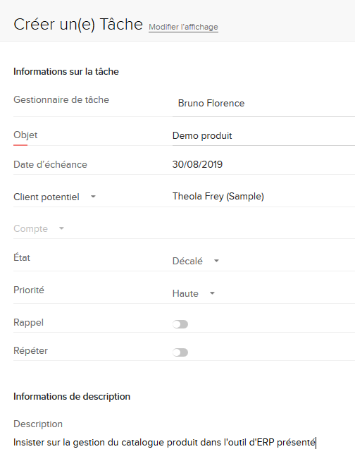 Exemple de création d’une tâche pour la démonstration d’un produit le 30/8/2019.