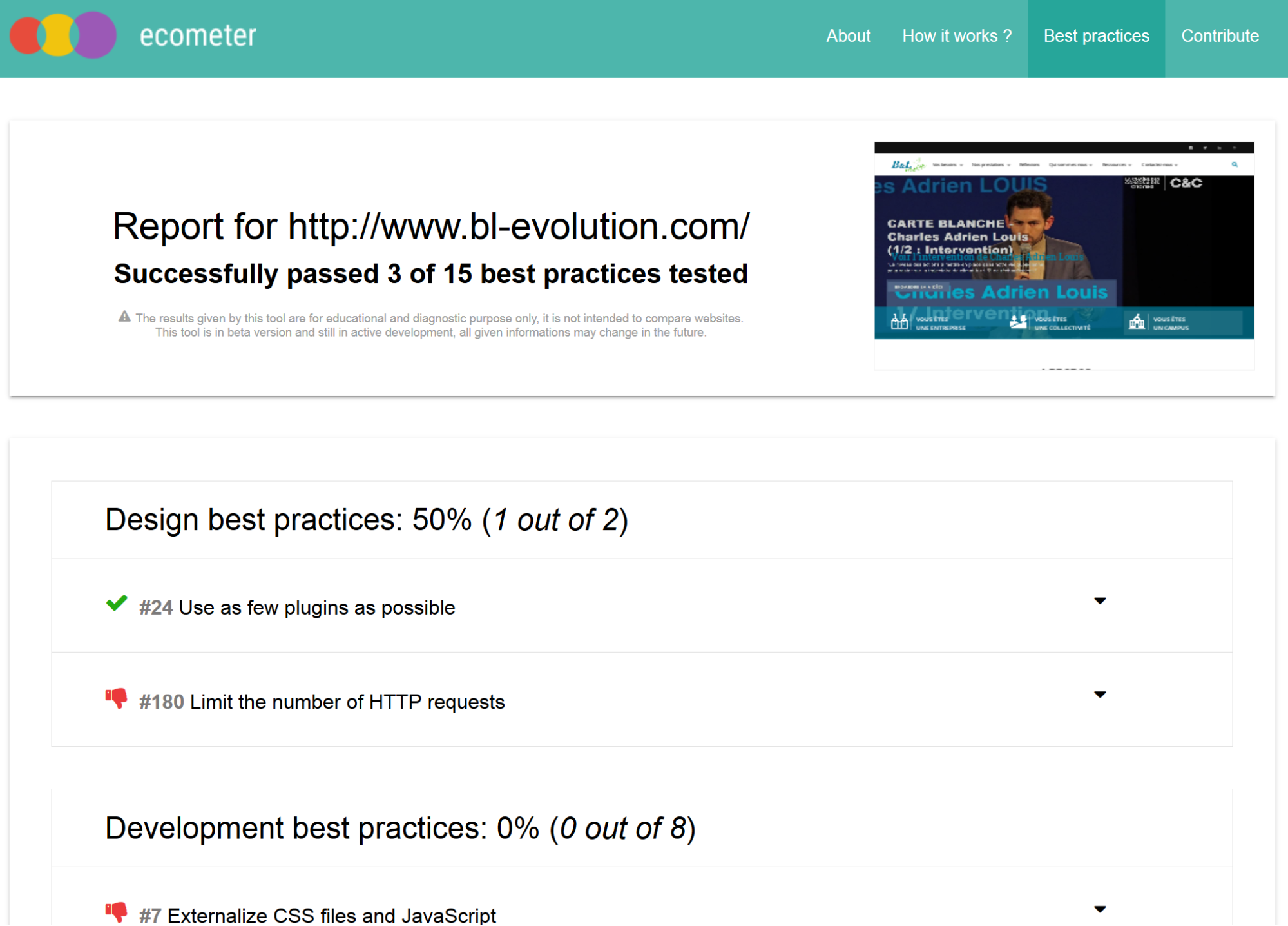 Résultat pour le site bl-evolution.com, chaque bonne pratique est évaluée (oui/non).