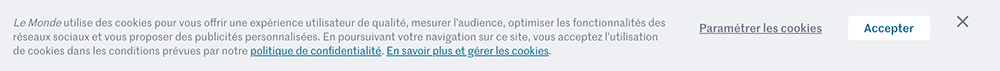 Écran d'un exemple d'une demande d'acceptation des cookies sur le site Le Monde