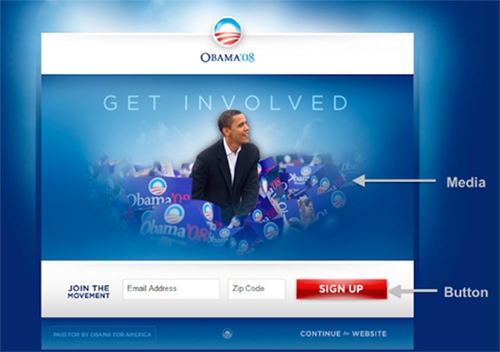 Proposition de landing page du site de campagne de Barak Obama où le bouton Call To Action, est Inscrivez-vous