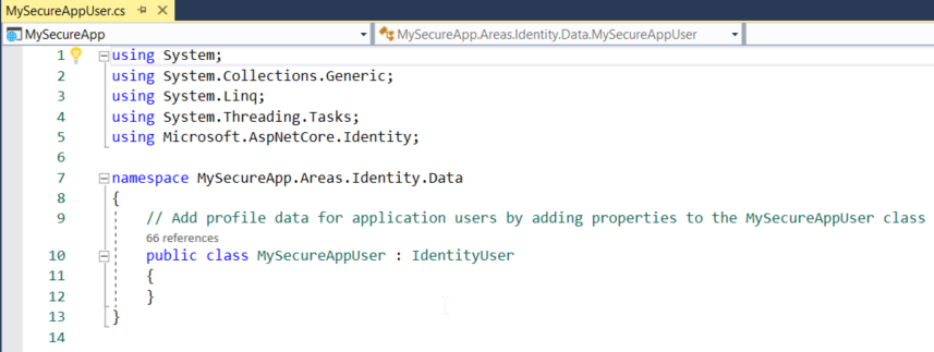 Your MySecureApp file open in the editor. Line 7 reads: