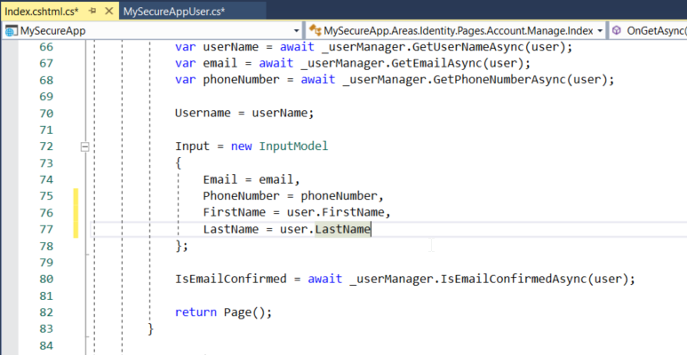 Values have been assigned from the user class to the properties in the InputModel class: Email, PhoneNumber, FirstName, and LastName.