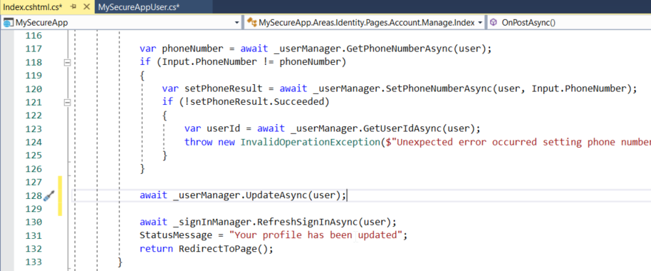 From line 117: var phoneNumber = await _userManager.GetPhoneNumberAsync(user);