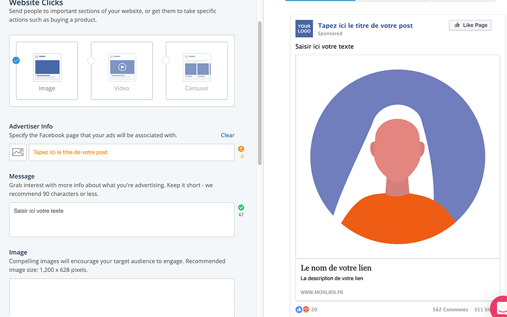 2. Remplir les données demandées dans la partie gauche de la page et les visualisez dans la partie droite (exemple ici avec Facebook)