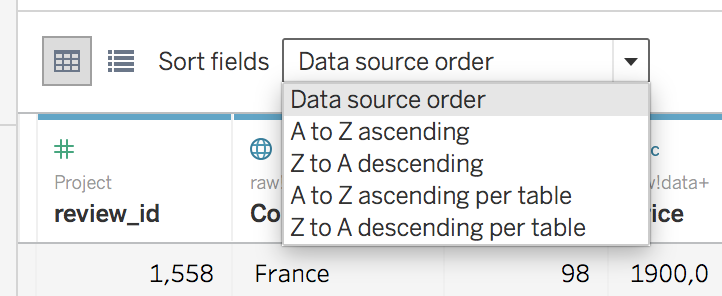 The drop-down menu for the Sort fields option in the top-left area of Section E.