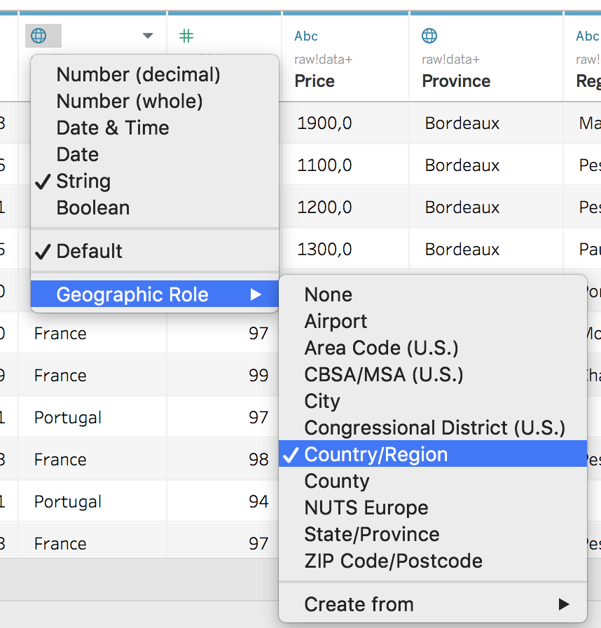 The available options for geographical roles in Tableau.