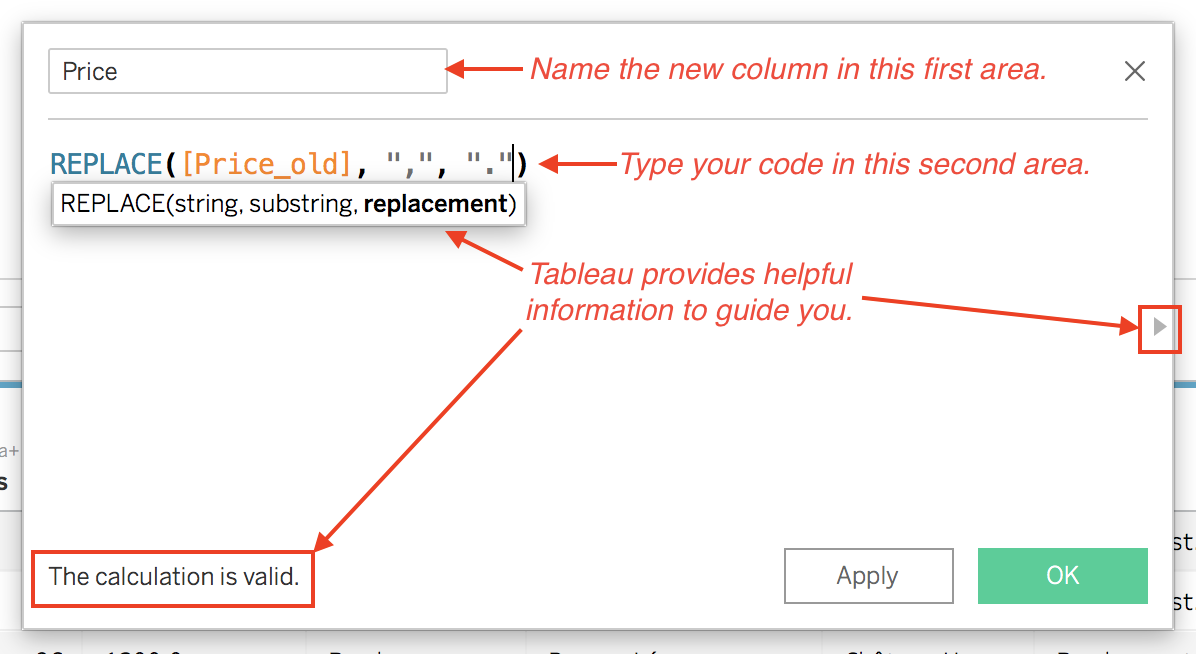Dialogue window in which you write Tableau code to create a new column.