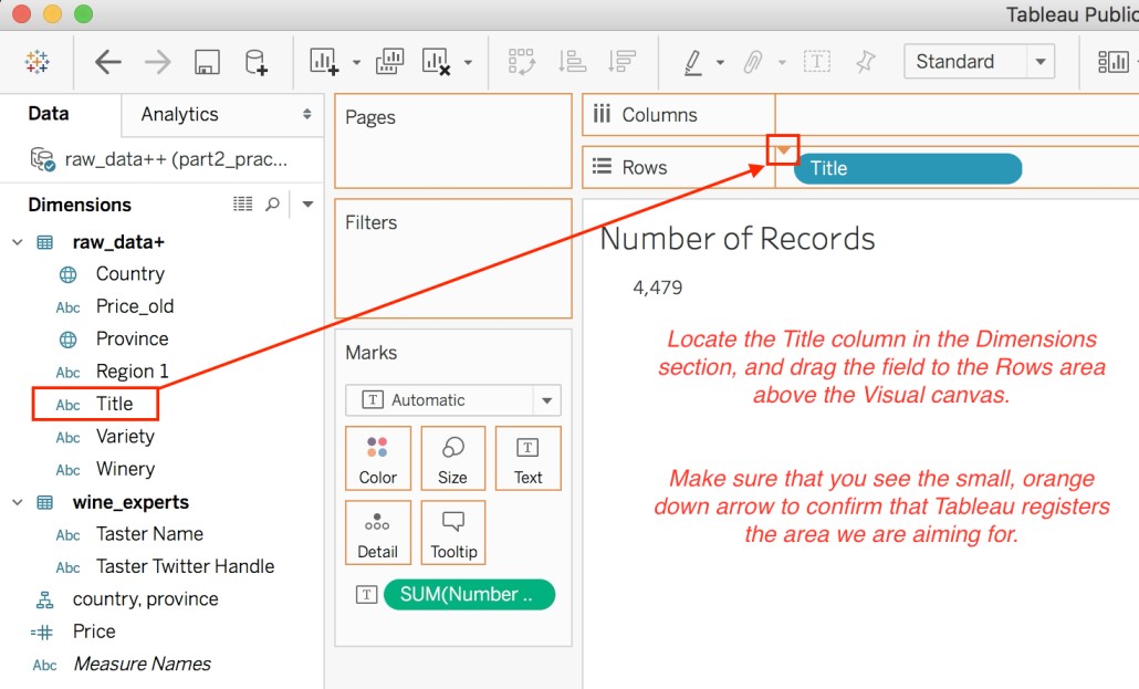 Drag the Title column from the Dimensions section to the Rows area.