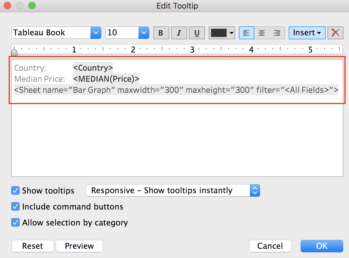 Edit Tooltip dialogue window after inserting Bar Graph sheet.