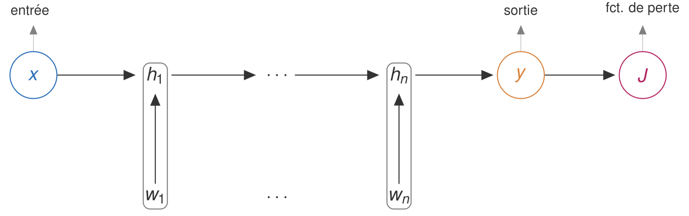 Représentation graphique d'un réseau de neuronal, ses entrées/sorties, et la fonction de perte