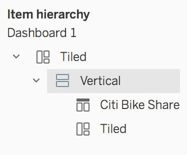 Vertical container object highlighted in the Item hierarchy section of the Layout pane.