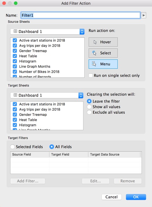The Add Filter Action dialogue window allows you to create filters and fine-tune the details.