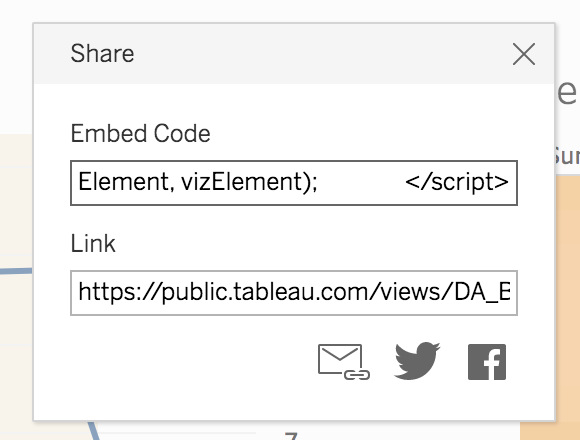 When you click on the share icon link, Tableau will provide a URL link and the embed code for your published sheets.