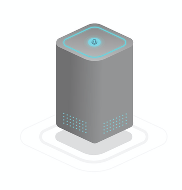 Image of a smart speaker. It has a microphone to detect natural human language and speakers to respond appropriately.