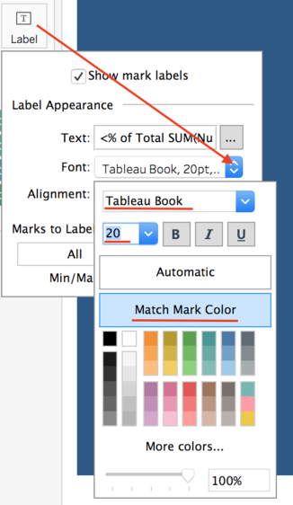 Label font options: Tableau Book, 20 pt, Match Mark Color