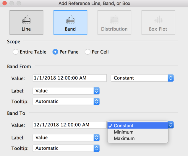 The Band option for the Add Reference Line, Band, or Box dialogue window.