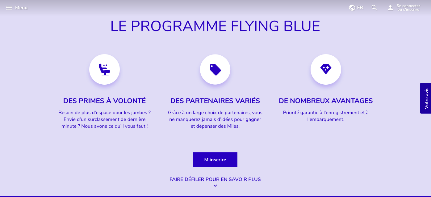 Capture d'écran du site du programme de fidélité Flying Blue