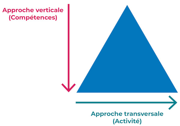 Représentation en triangle : le long de la base du triangle décrit une approche transversale (activité) tandis que, du sommet à la base du triangle, l'approche est verticale (compétences).
