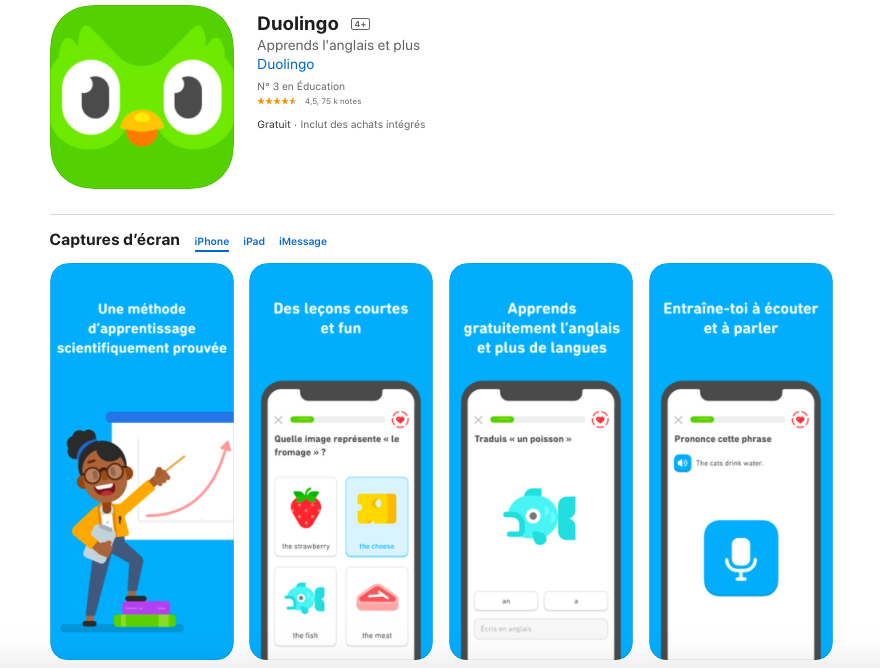 Extrait de la page de téléchargement de l'application Duolingo