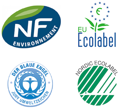 Logos NF Environnement, EU Écolabel, Der Blaue Engel, Nordic Écolabel