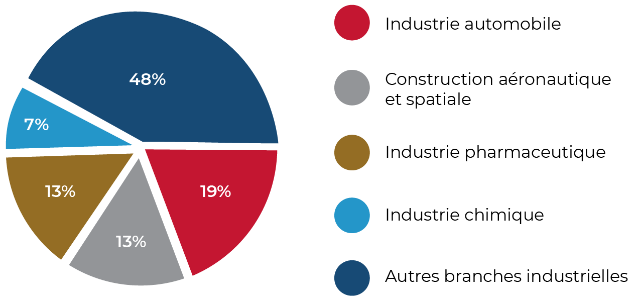 19% Industrie automobile, 13% Construction aéronautique et spatiale, 13% Industrie pharmaceutique, 7% Industrie chimique, 48% Autres branches industrielles.