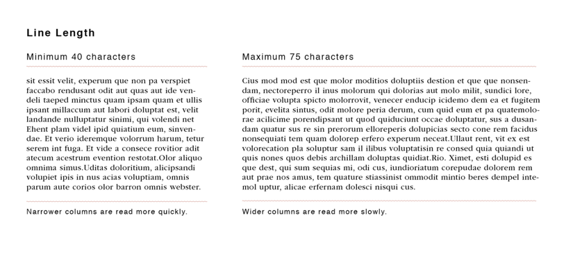 Two paragraphs of text, one with lines that are 40 characters wide, and another with lines that are 75 characters wide. Narrower columns are read more quickly. Wider columns are read more slowly.