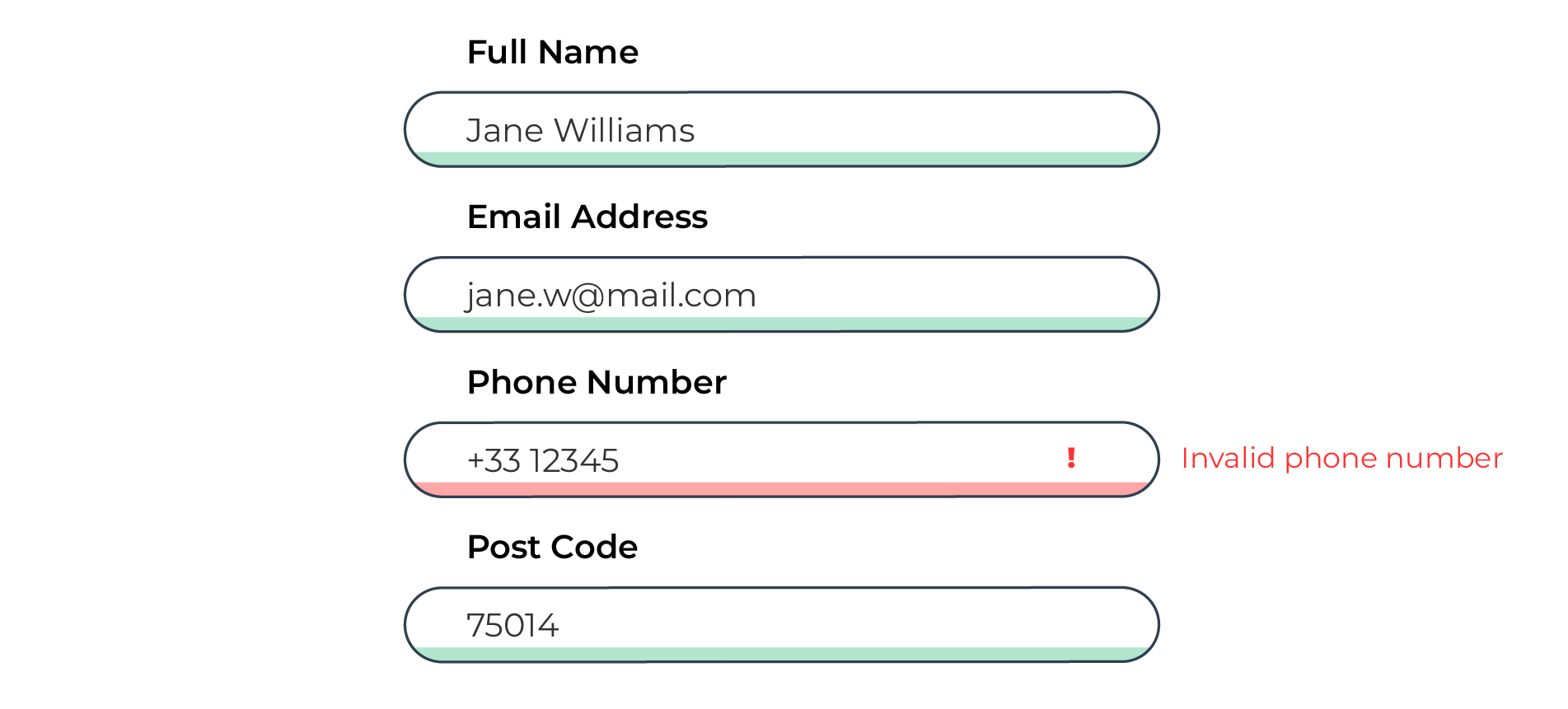 A form with an incorrectly filled out field marked in red. but a visual error icon and written message support the color coded information.