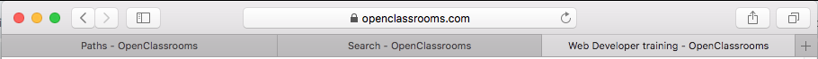 Browser window with three OpenClassrooms tabs open, each showing the page title organized from more specific to more general.