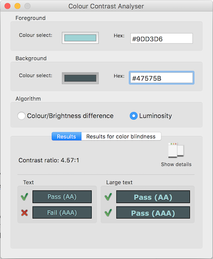 Contrast analyser tool showing light blue text on a dark grey background. The contrast ratio is 4.57:1 meeting requirements for regular text at an AA level and large and bold text for both AA and AAA levels.