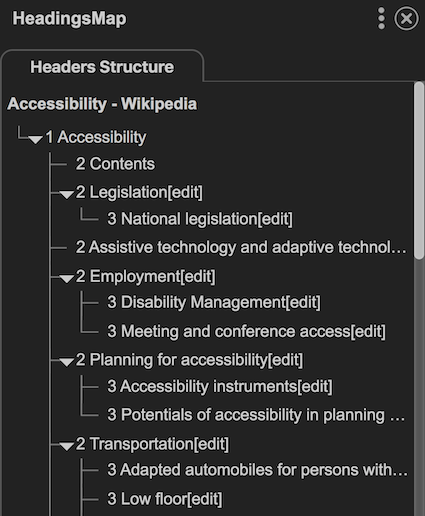 HeadingsMap browser extension showing the heading structure of the Wikipedia page on accessibility presented as a tested list.